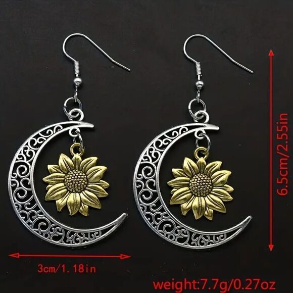 New - Crescent Moon and Sunflower Boho Drop Earrings - Picture 2 of 5